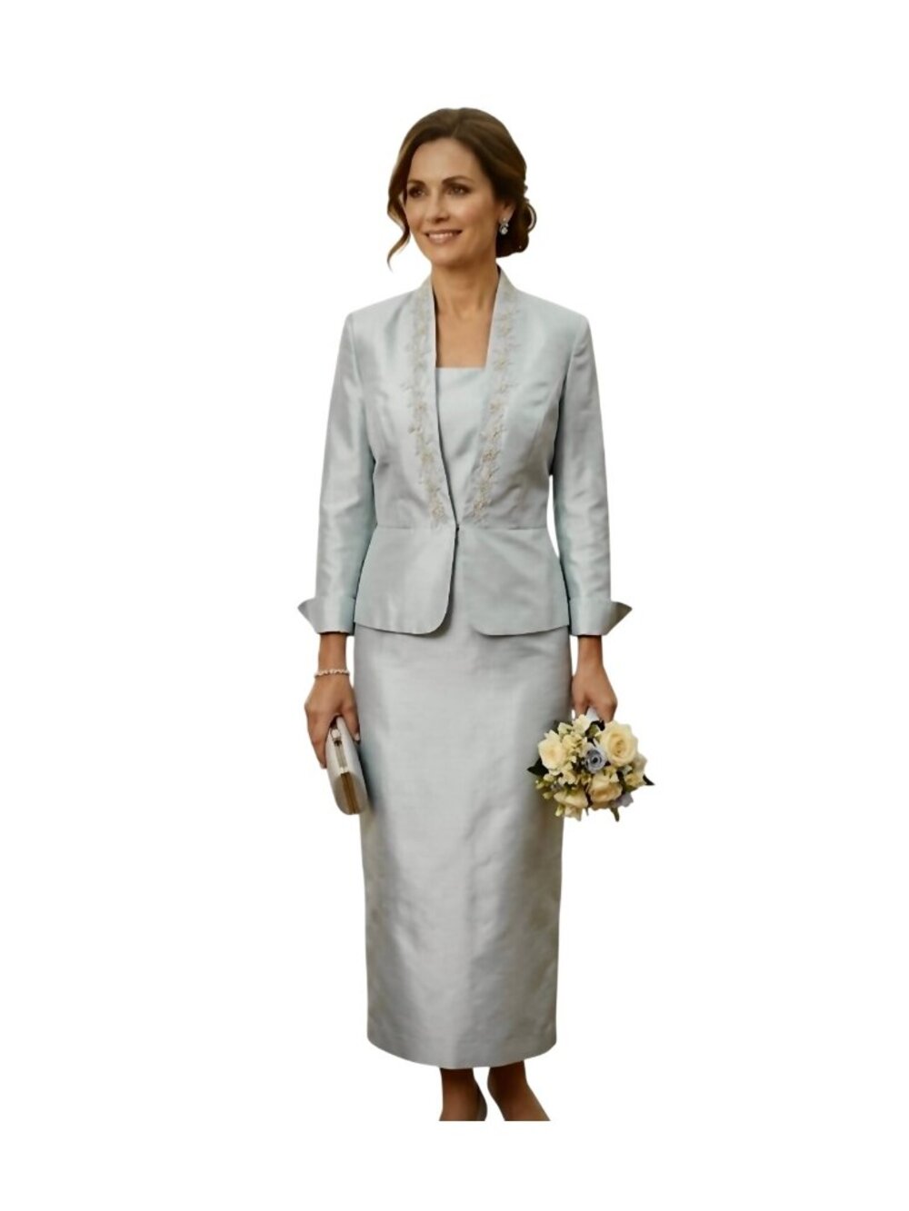 Sage Green Satin 2 PC Gown Embroidered 3/4 Blazer Gold Trim 6 Elegant Formal MOB